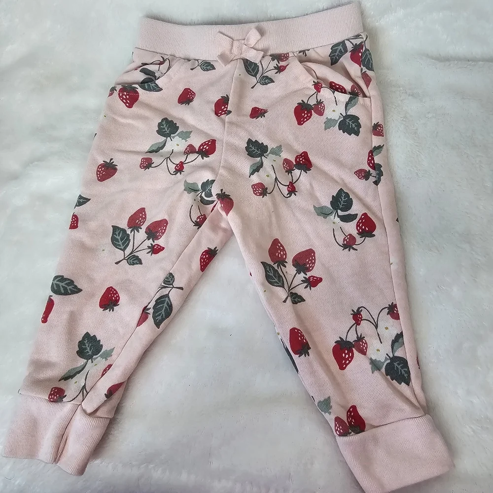 Lot of 4‎ - Baby Girl Items - Strawberry Pink Pants Size 12 M Hair Bow & 2 Bibs